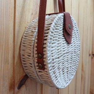 Bolsa Palha redonda com couro branca